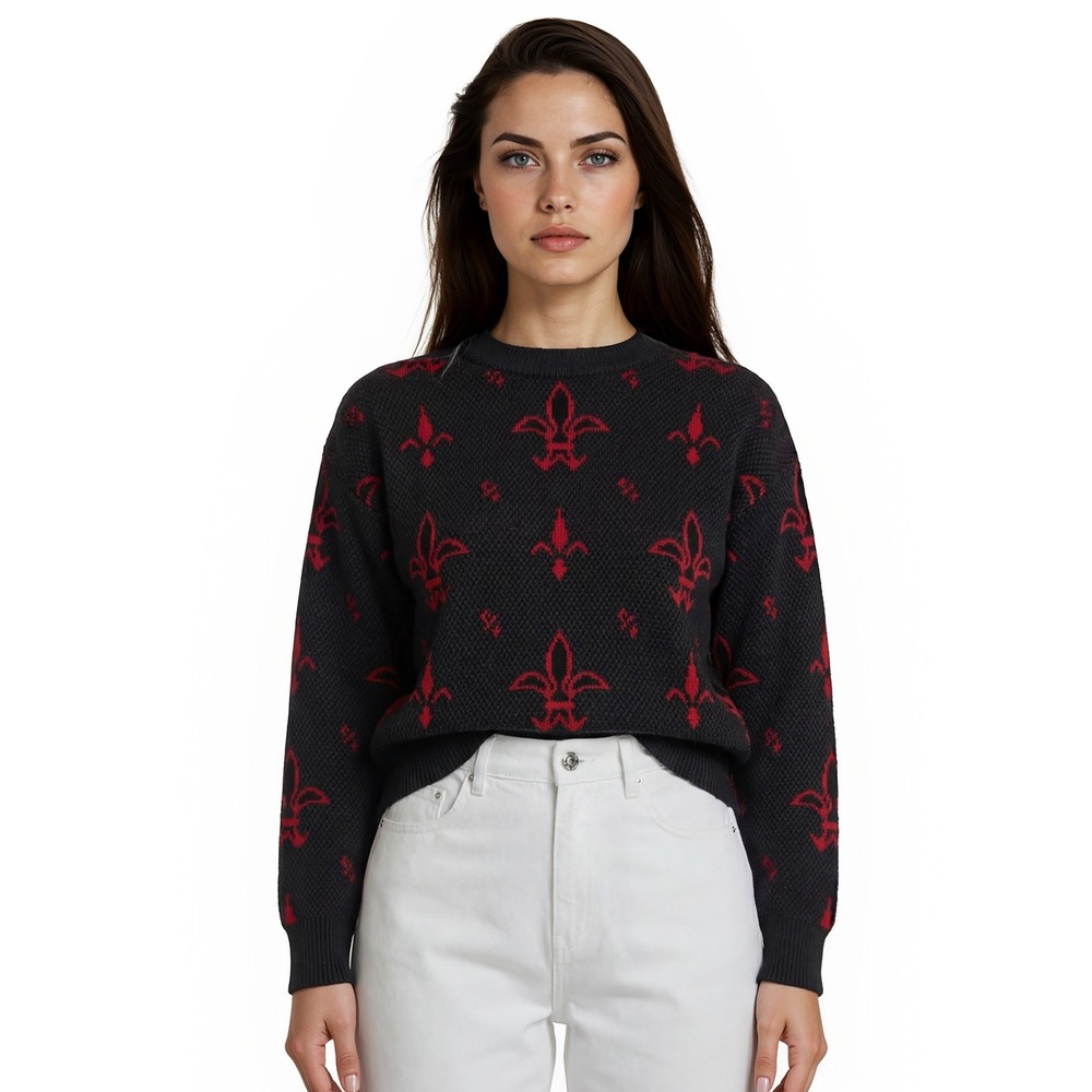 Vintage Jason Maxwell Sweater Women's Size XL Black Red Fleur De Lis